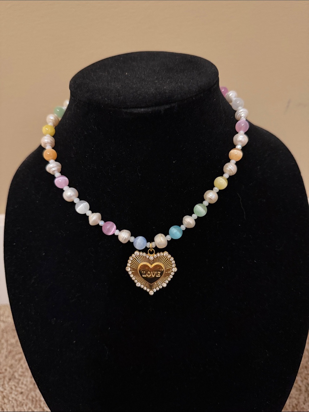 Gold Heart 'LOVE' Pendant with Pastel Beads Necklace - Women Jewelry